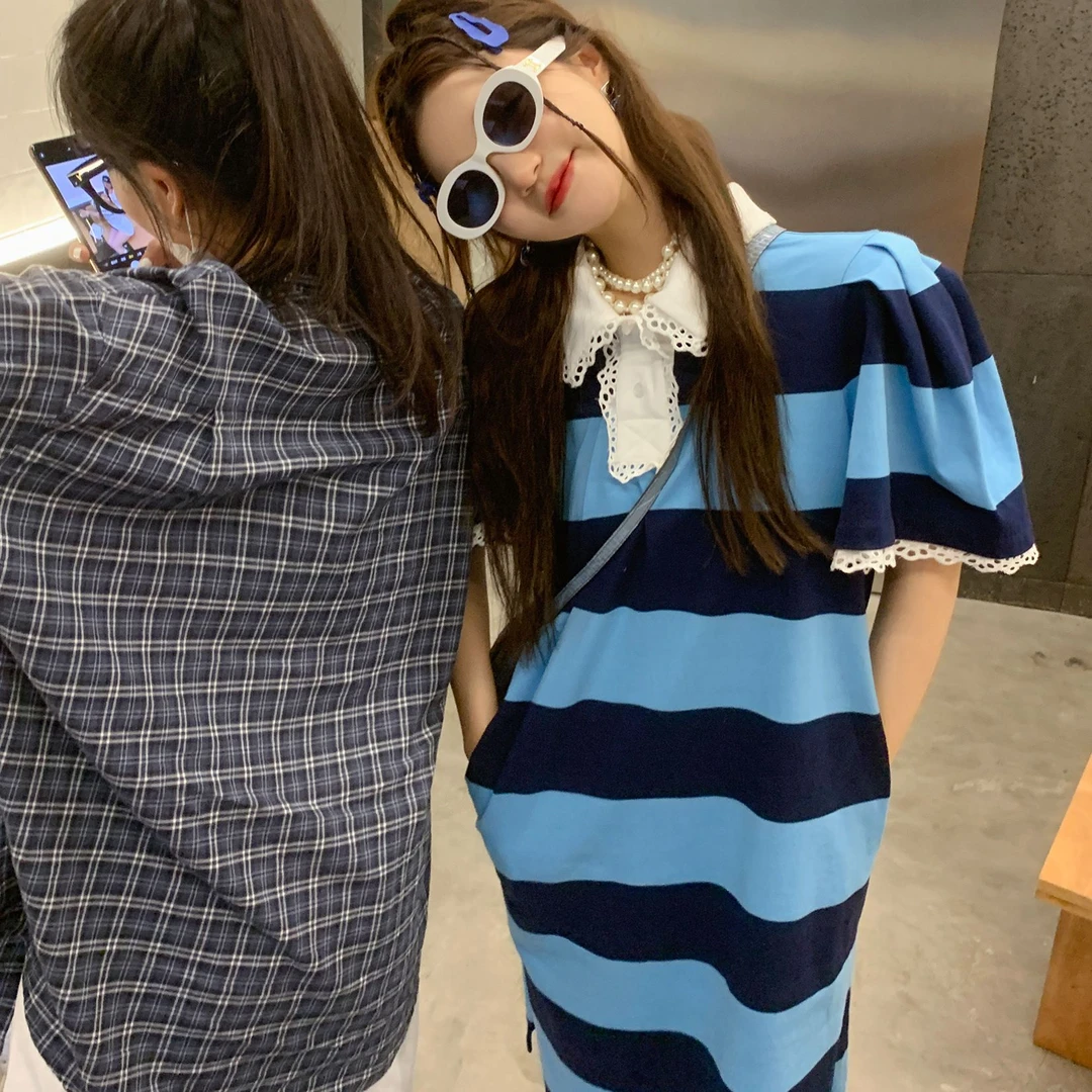 【糖果条纹派】Polo连衣裙女夏季中长款短袖T恤条纹女 LL220098