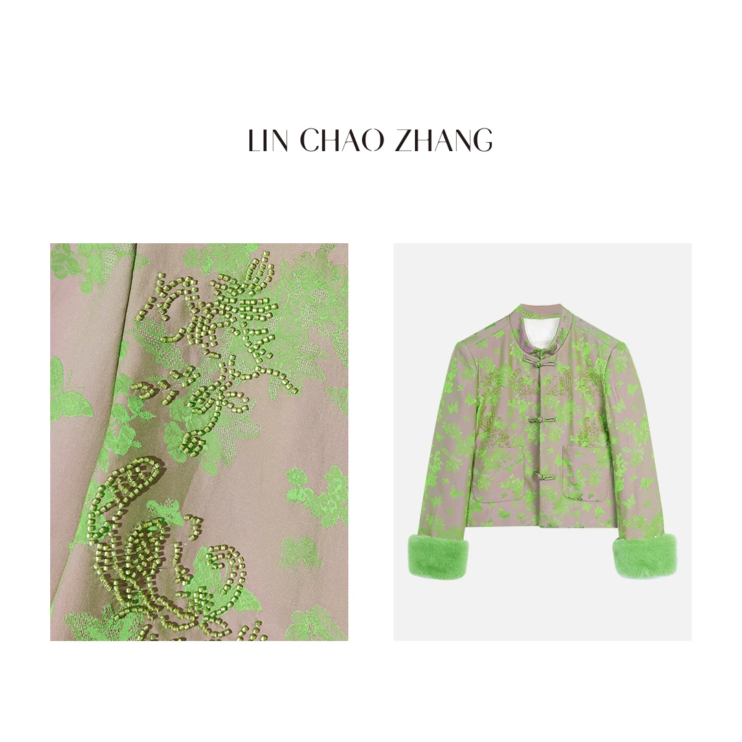 【知否】特调显白鹦鹉绿满版钉珠宋锦国风外套 LW230712