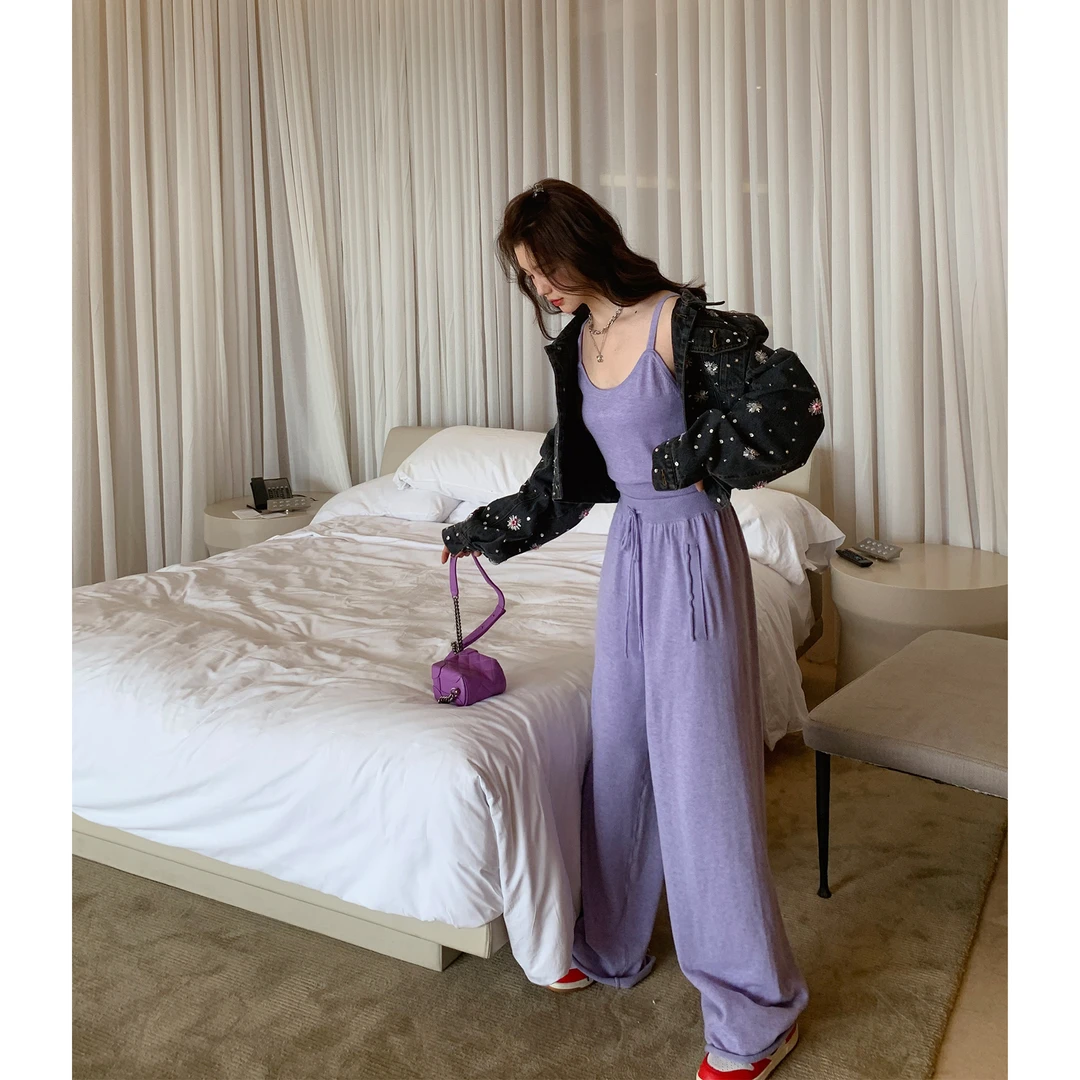 LD200721【敲细羊毛】春秋杏色开衫休闲裤吊带针织三件套女套装