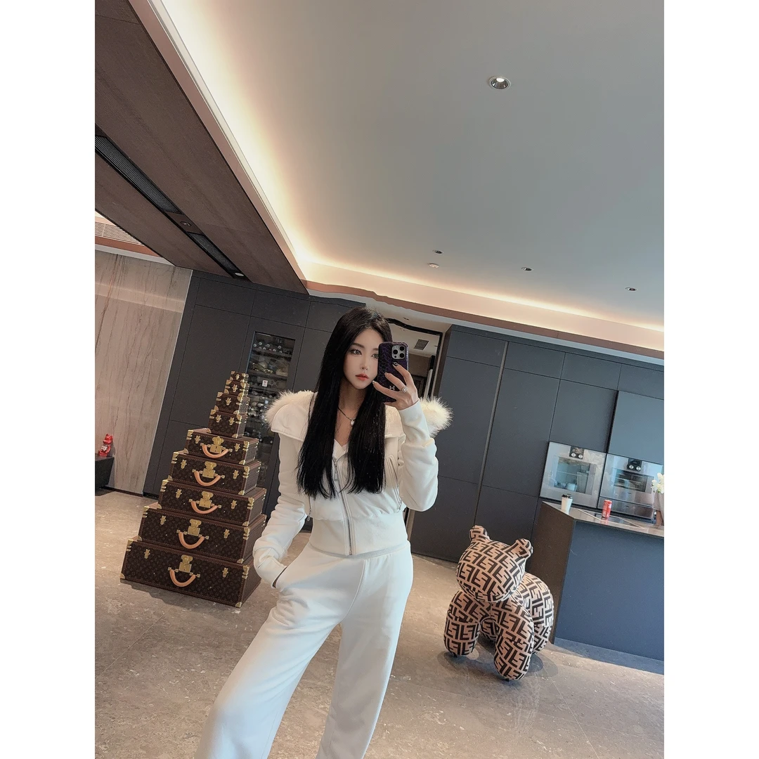 DUOMI【雪地精灵】白色毛领连帽净版拉链外套短款收腰长裤