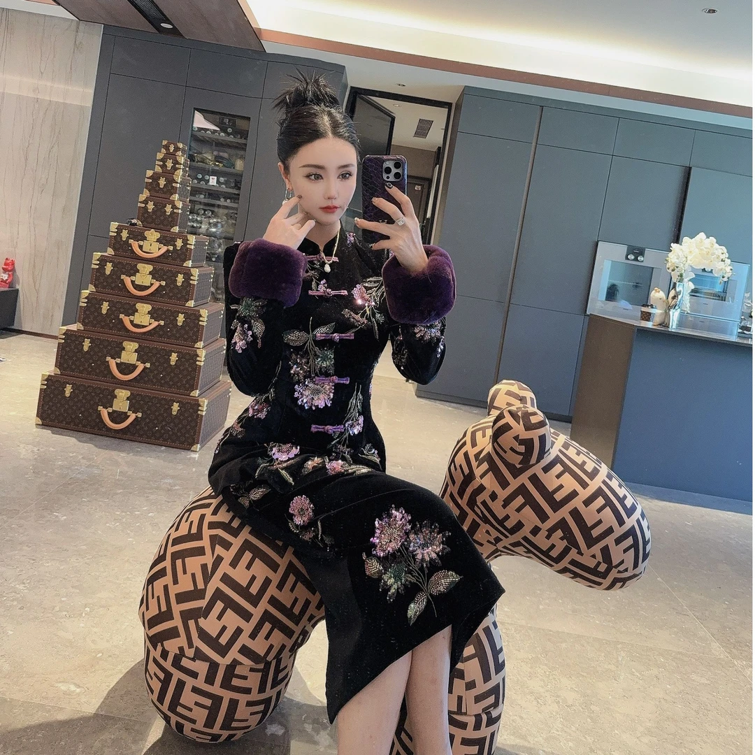 DUOMI【紫罗兰女神】紫色满身刺绣亮片紫色毛毛袖清冷系禅意衣服女