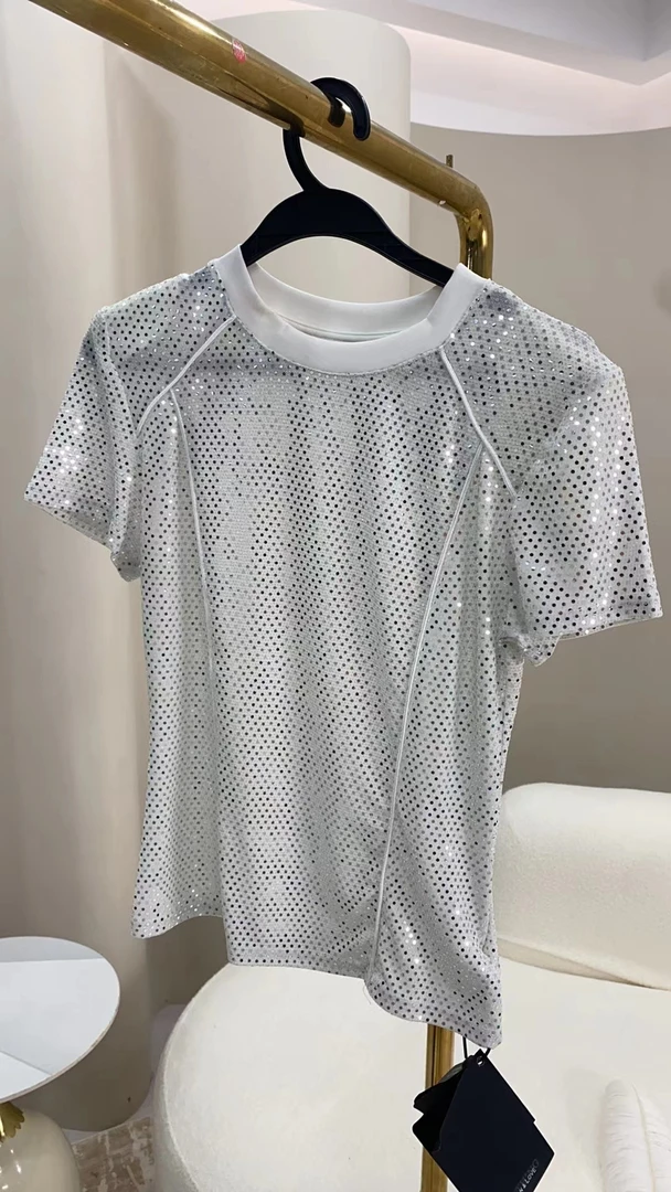 DUOMI-孤品K06-【星球宝贝】白色满身点点钻竖线半袖上衣(领口发黄)