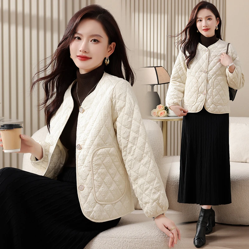 小香风气质肌理感棉服外套菱格纹休闲小个子时尚百搭加厚保暖韩版