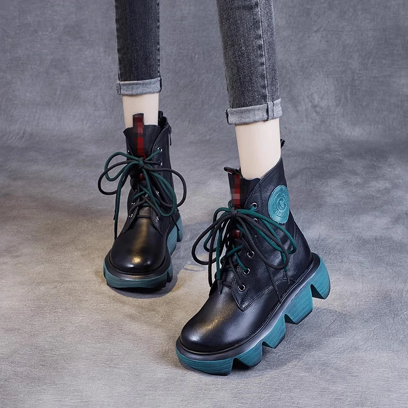 真皮马丁靴女秋冬新款复古中筒单靴厚底坡跟短靴百搭民族风骑士靴