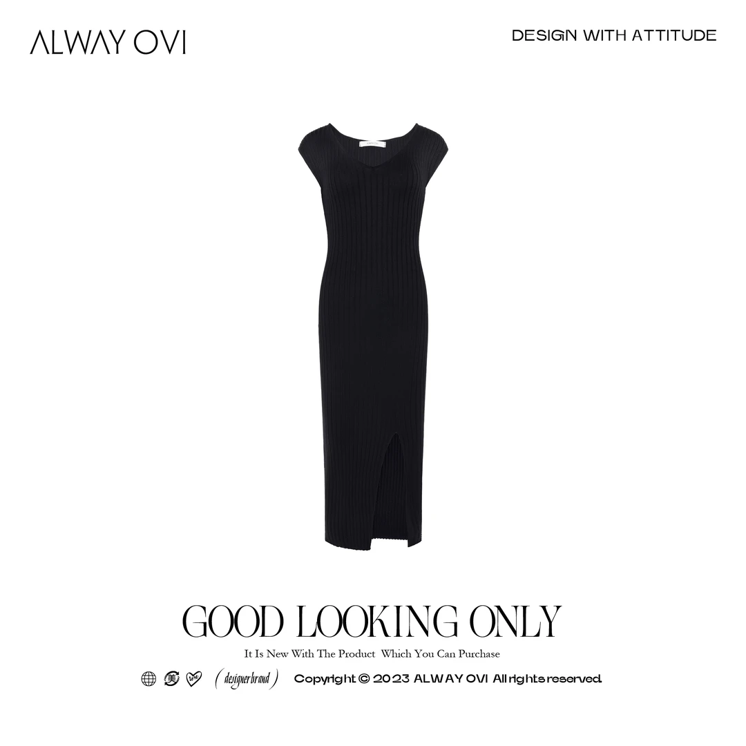 【ALWAY OVI】V领连袖收腰显瘦开衩坑条针织连衣裙