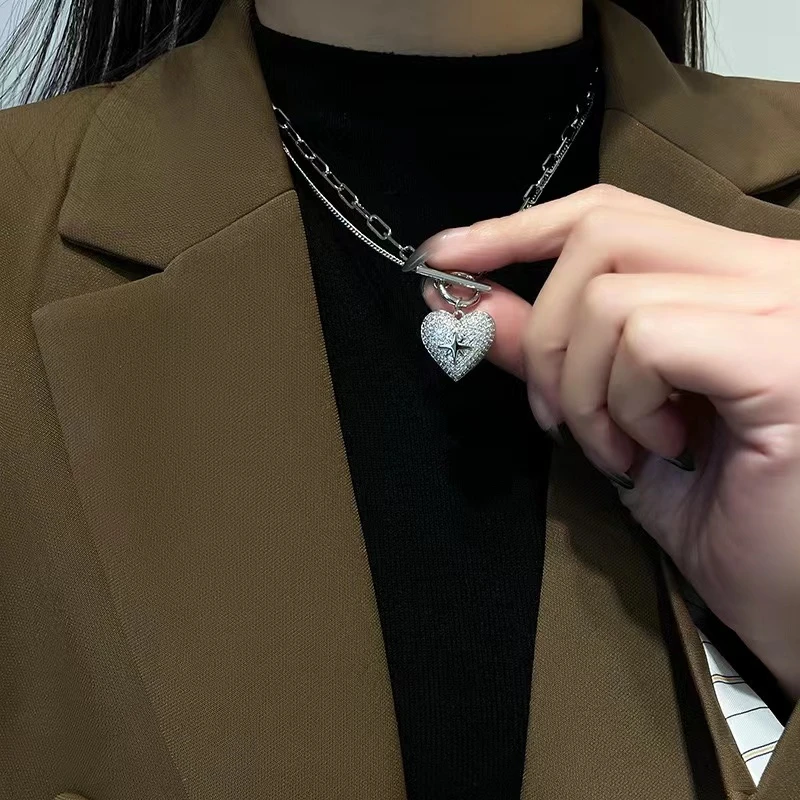 钛钢项链 前扣式八芒星时尚情侣项链小众高级感锁骨链心形毛衣链