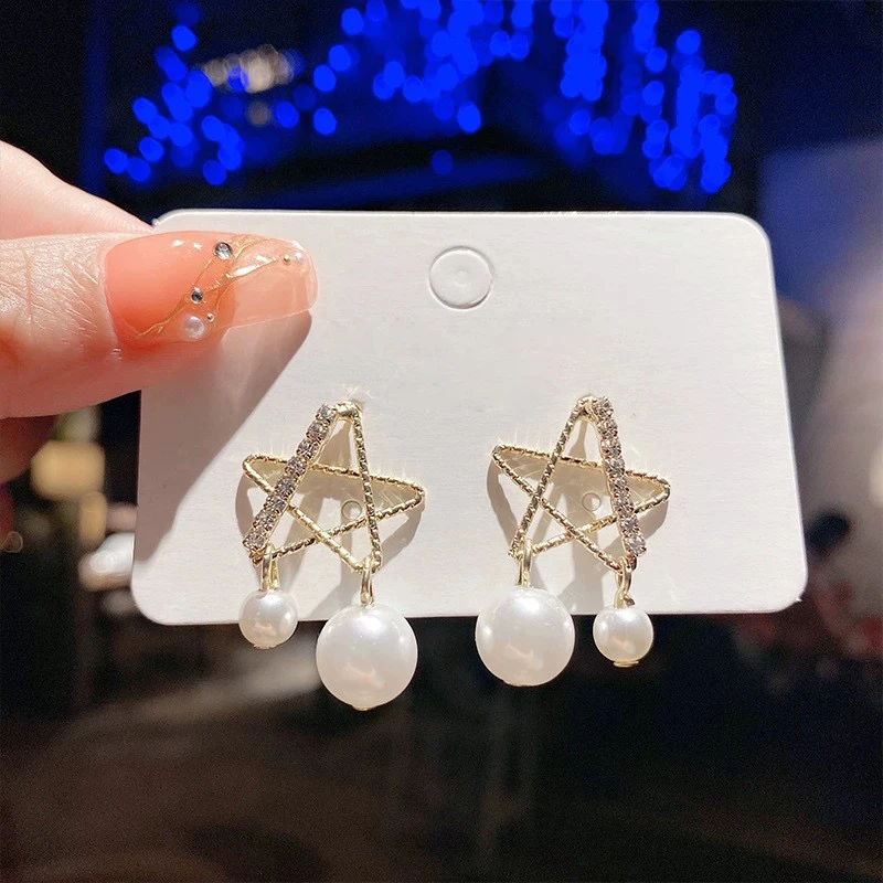 合金仿珍珠耳饰 小众设计高级感耳钉韩版耳环镂空五角星星耳饰品