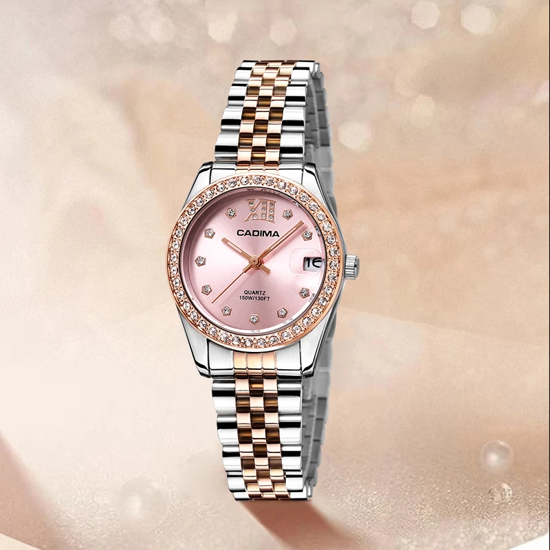 【万达专柜直发】粉日志极光拉丝镶钻气质百搭防水女士腕表