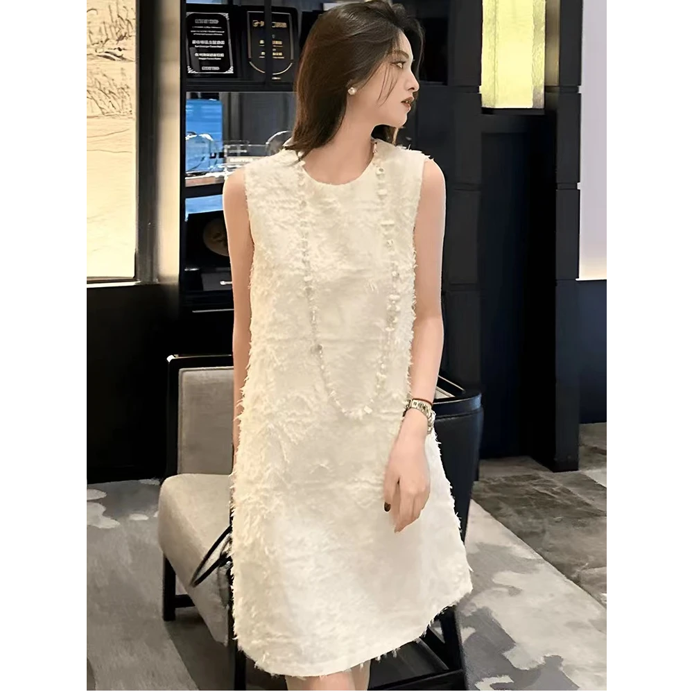 小香风无袖背心白色连衣裙2024新款女夏季宽松显瘦休闲气质短裙子