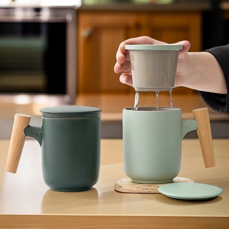 茶水分离泡茶杯子陶瓷磨砂家用办公室木柄马克杯带盖过滤个人定制