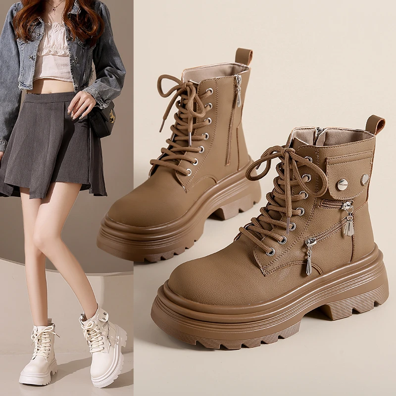 2024秋季新款马丁靴增高厚底软皮短靴子时尚百搭休闲女鞋