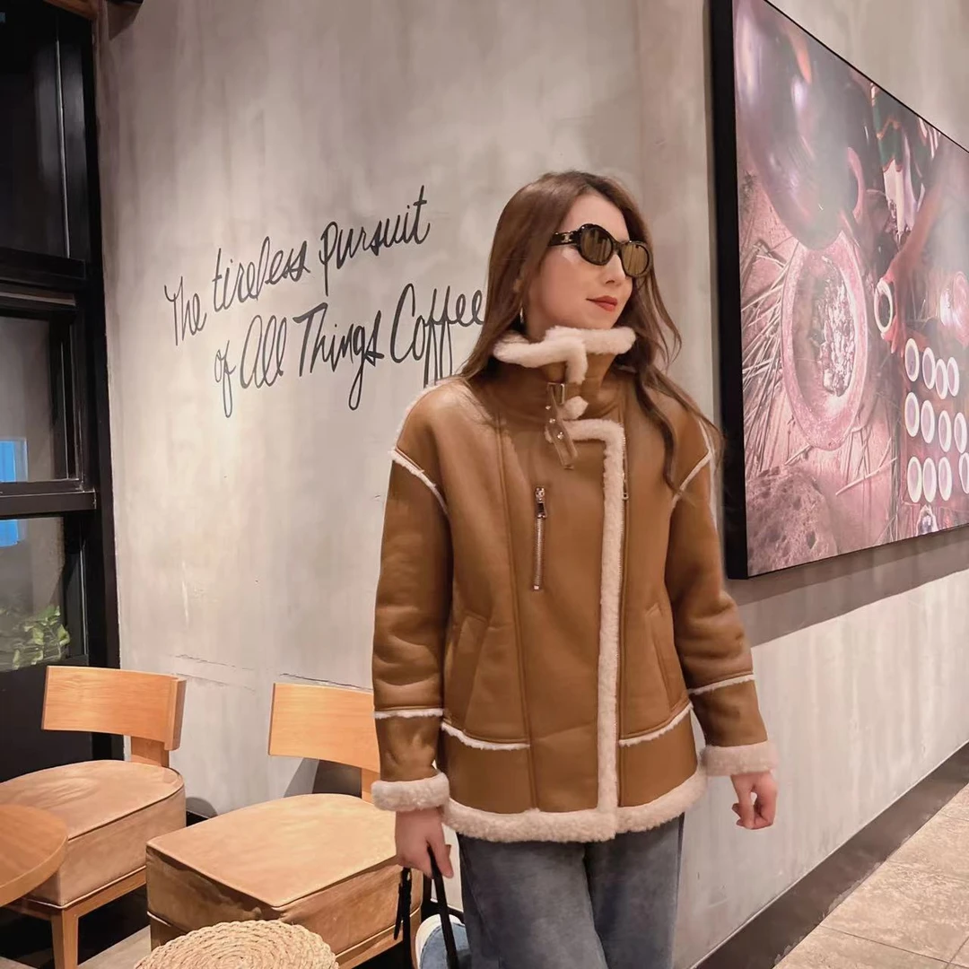 海宁2319皮毛一体羊毛颗粒外套女中长款显瘦冬季翻领女款韩版百搭