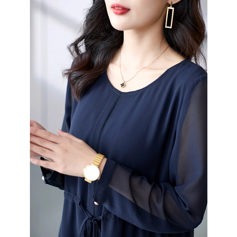 A86637  深蓝色高端精致连衣裙女圆领