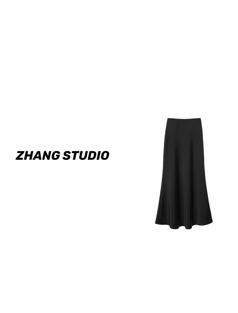时髦精黑色缎面半身裙