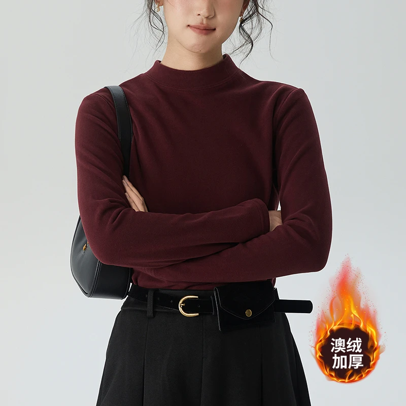 艾路丝婷冬季双面澳绒打底衫保暖加绒加厚长袖T恤半高领内搭女装