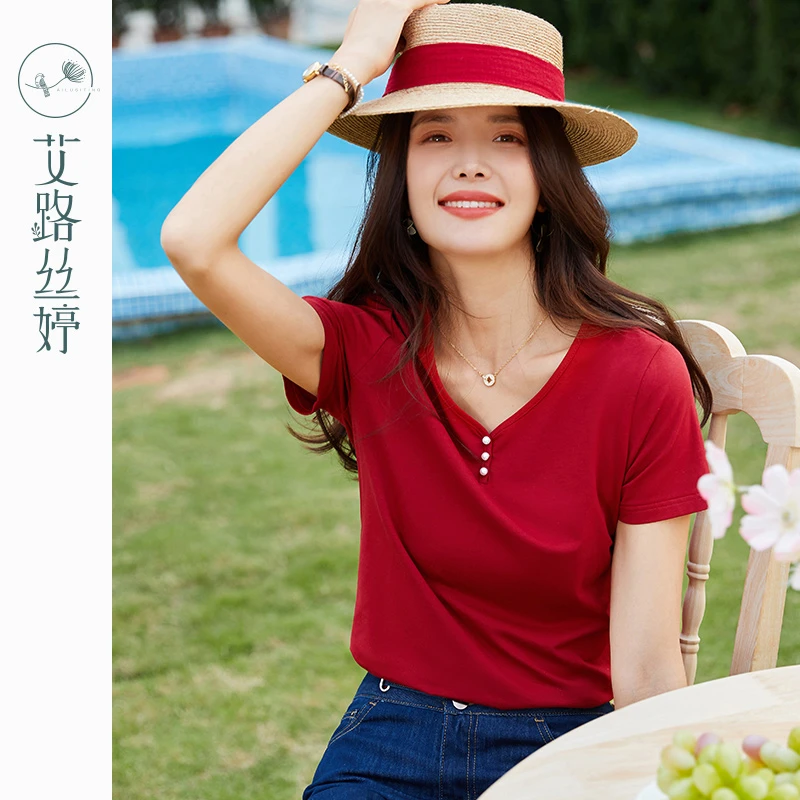 艾路丝婷纯色短袖T恤女2025夏季新款简约显瘦百搭休闲高贵女装