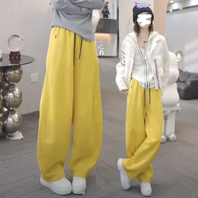 2025春季新款显瘦黄色卫裤女百搭阔腿宽松休闲裤小马刺绣弯刀裤