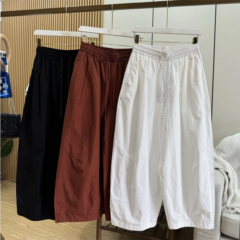 韩版夏季薄款松紧高腰休闲九分裤女宽松显瘦直筒阔腿气球裤哈伦裤