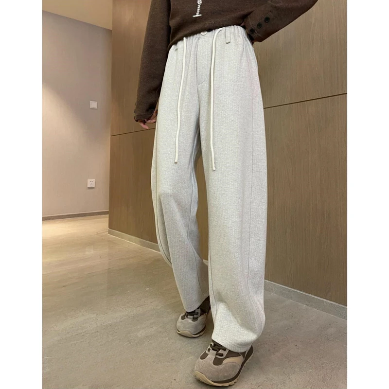 秋季肌理感宽松阔腿裤女百搭高腰显瘦抽绳弯刀裤直筒拖地休闲长裤