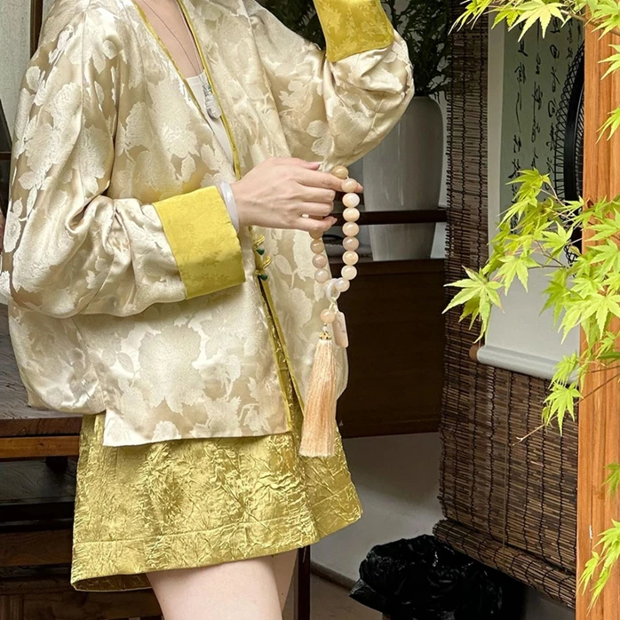 气质国风休闲宽松裤子女新中式夏季薄款阔腿裤子压花设计时尚短裤