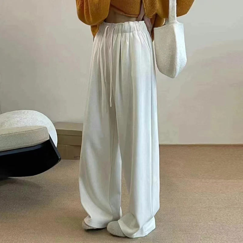 秋冬季加绒加厚米白色糯米裤女显瘦松紧腰阔腿裤宽松软糯休闲裤子