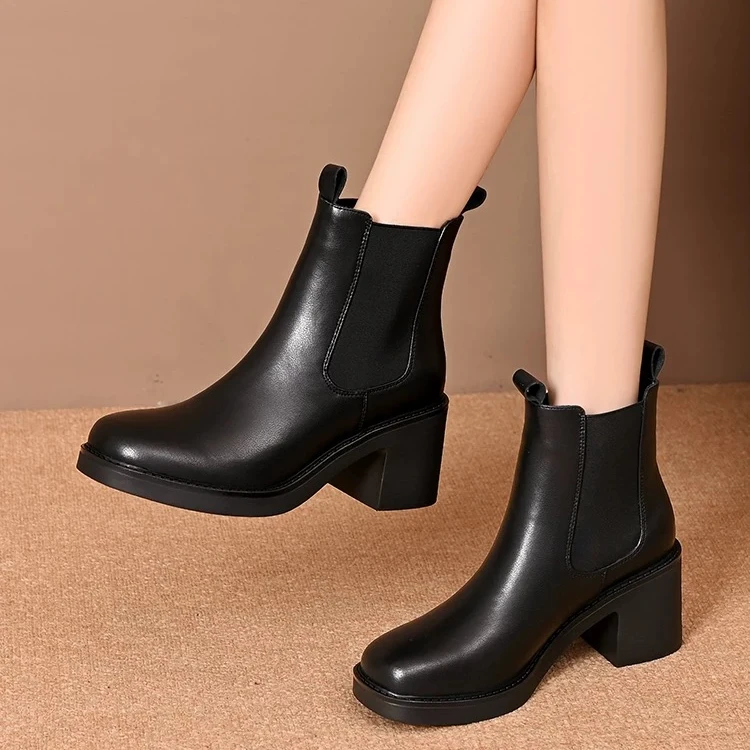 英伦风切尔西增高5612女烟筒秋冬厚底加绒加厚真皮保暖粗跟短靴