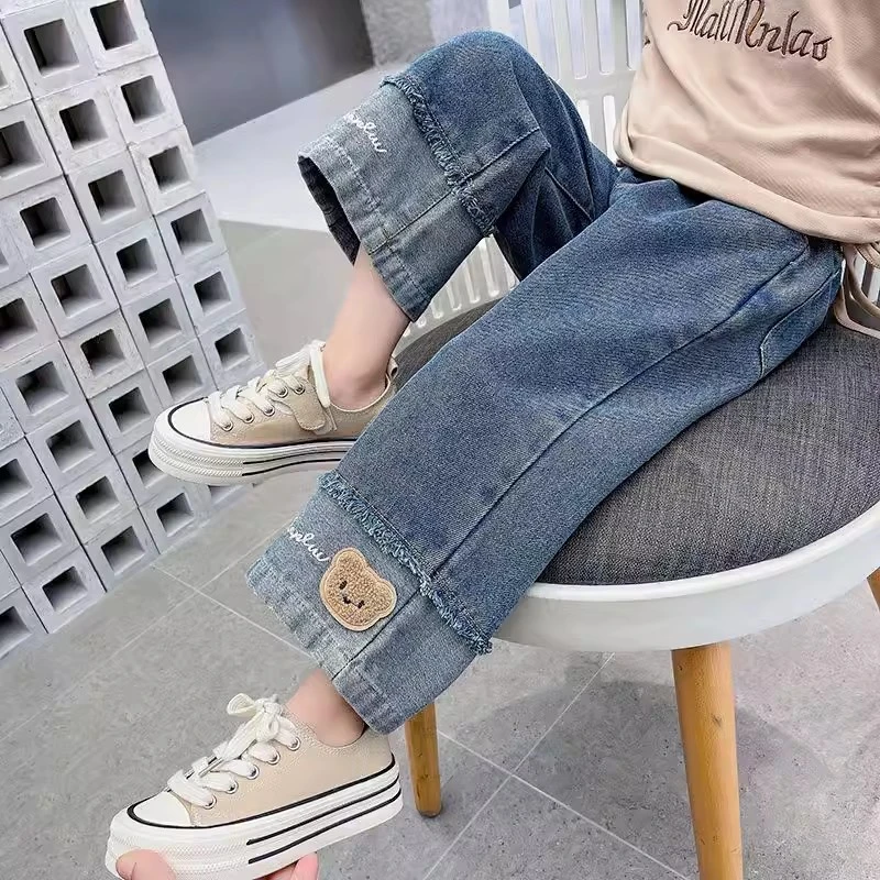 女童牛仔裤春秋款2025新款洋气女宝宝外穿秋季中大童秋装阔腿裤子