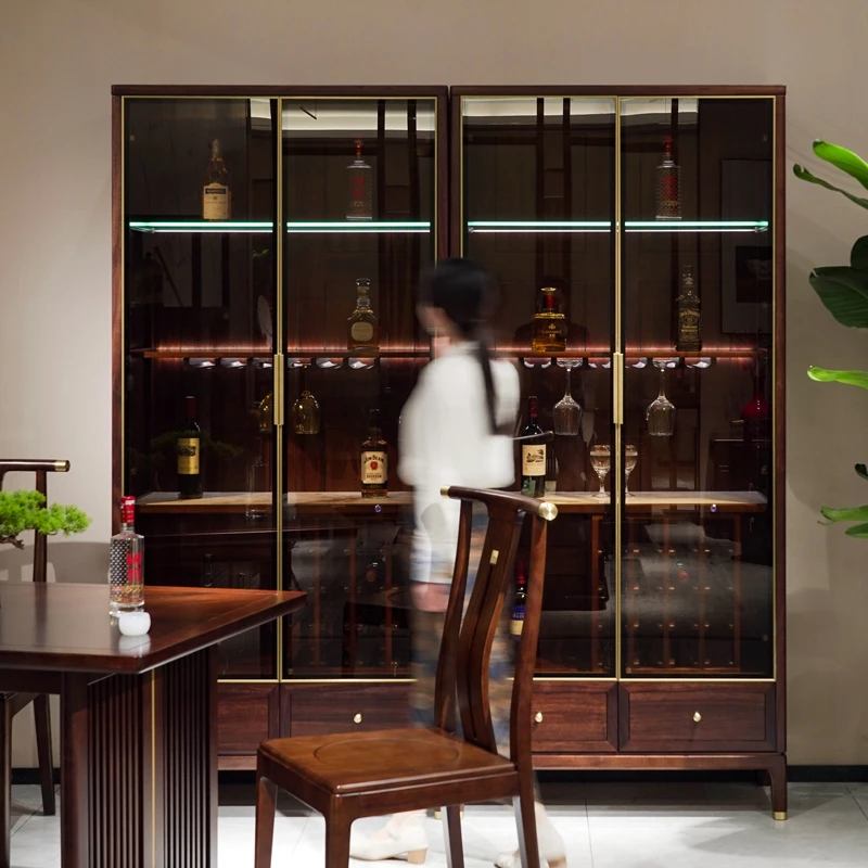 半墨新中式实木餐厅玻璃酒柜简约轻奢展示柜客厅靠墙边柜储物柜