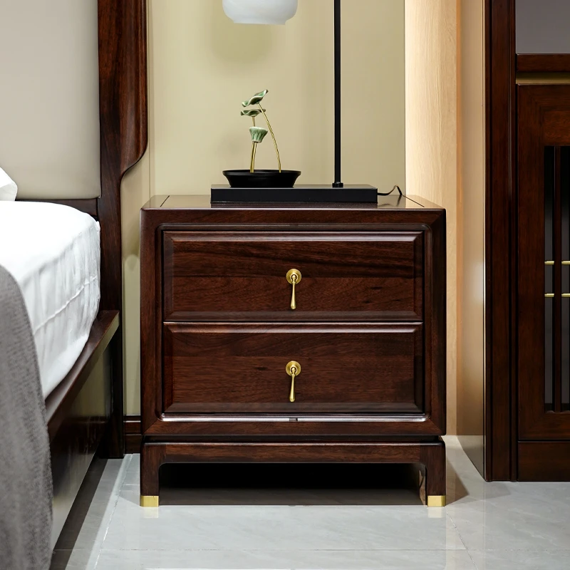 半墨新中式床头柜实木乌金木轻奢床头储物柜双抽卧室置物柜杂物柜