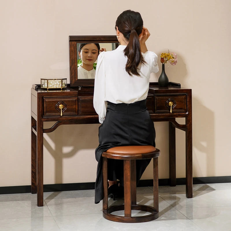 半墨新中式全实木梳妆台现代轻奢迷你妆台妆镜妆凳乌金木化妆桌椅
