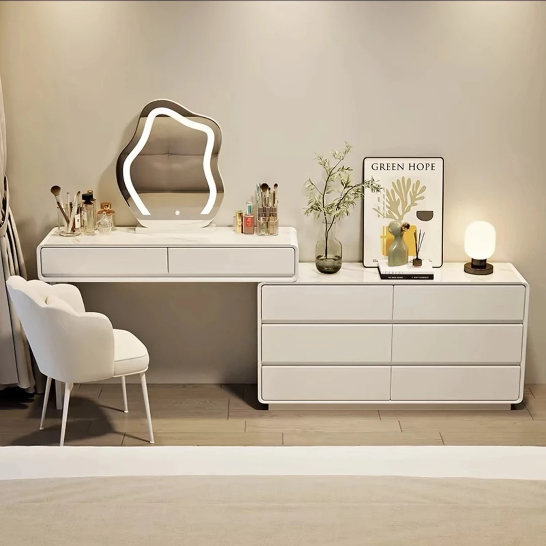 全实木岩板奶油风梳妆台现代简约卧室化妆桌六斗收纳柜转角柜化妆