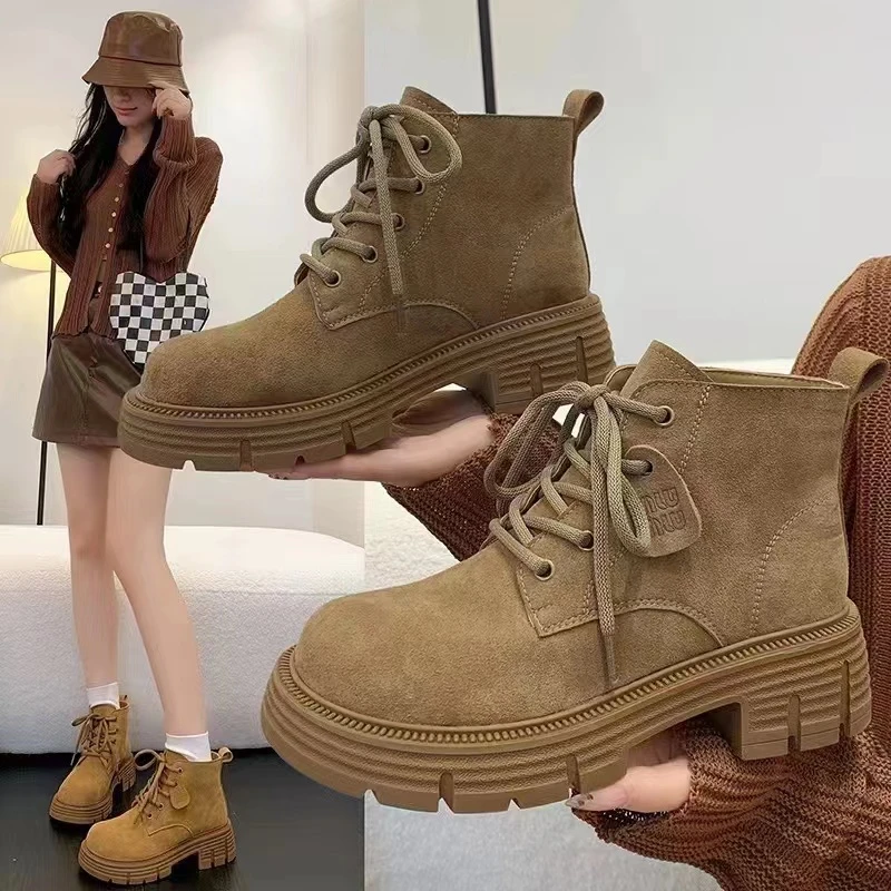 粗跟圆头高帮复古棕色马丁靴女2024年秋季新款加绒英伦风d02