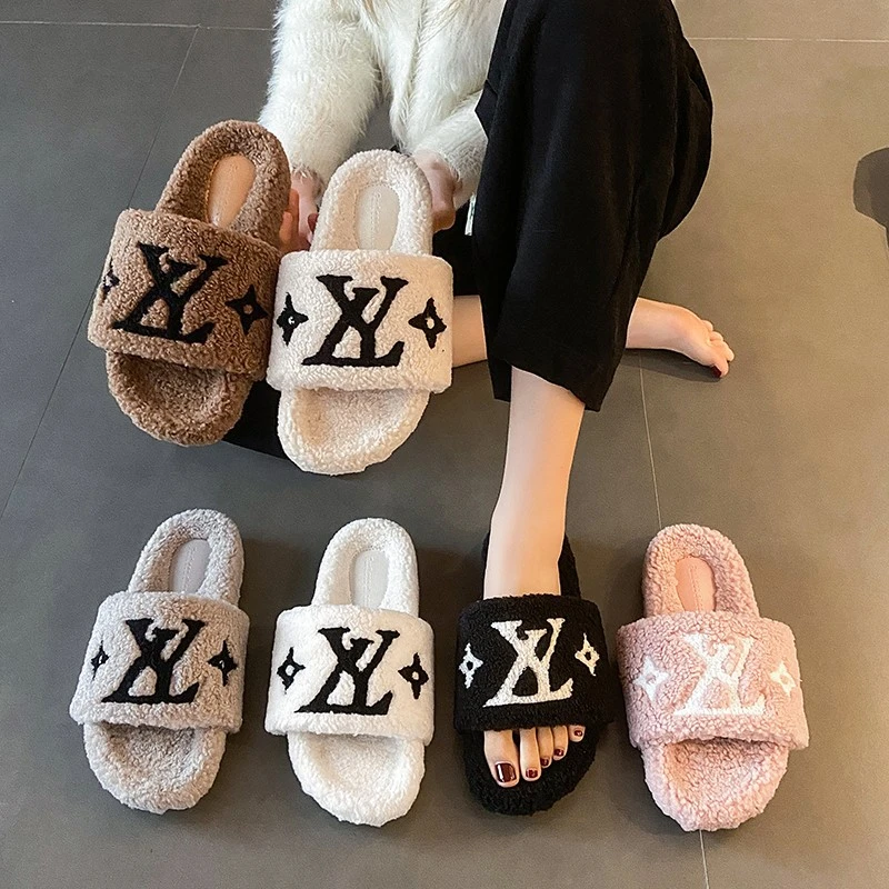 758毛毛拖鞋女外穿2024秋冬季新款刺绣棉拖鞋时尚百搭厚底拖鞋