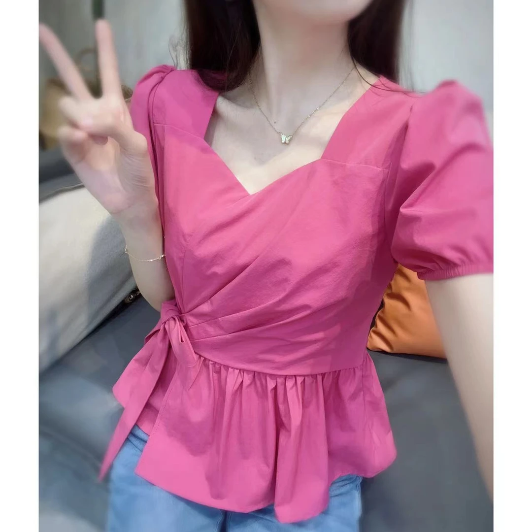 碧高小个子女装 新款法式褶皱侧面蝴蝶结绑带遮肉显瘦减龄上衣