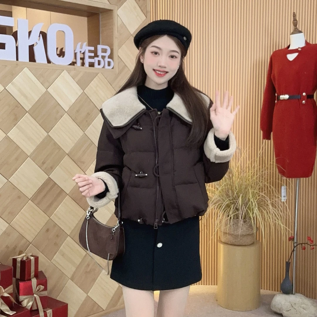 碧高小个子女装 2024翻领短款加厚保暖磨砂皮毛外套秋冬拼接