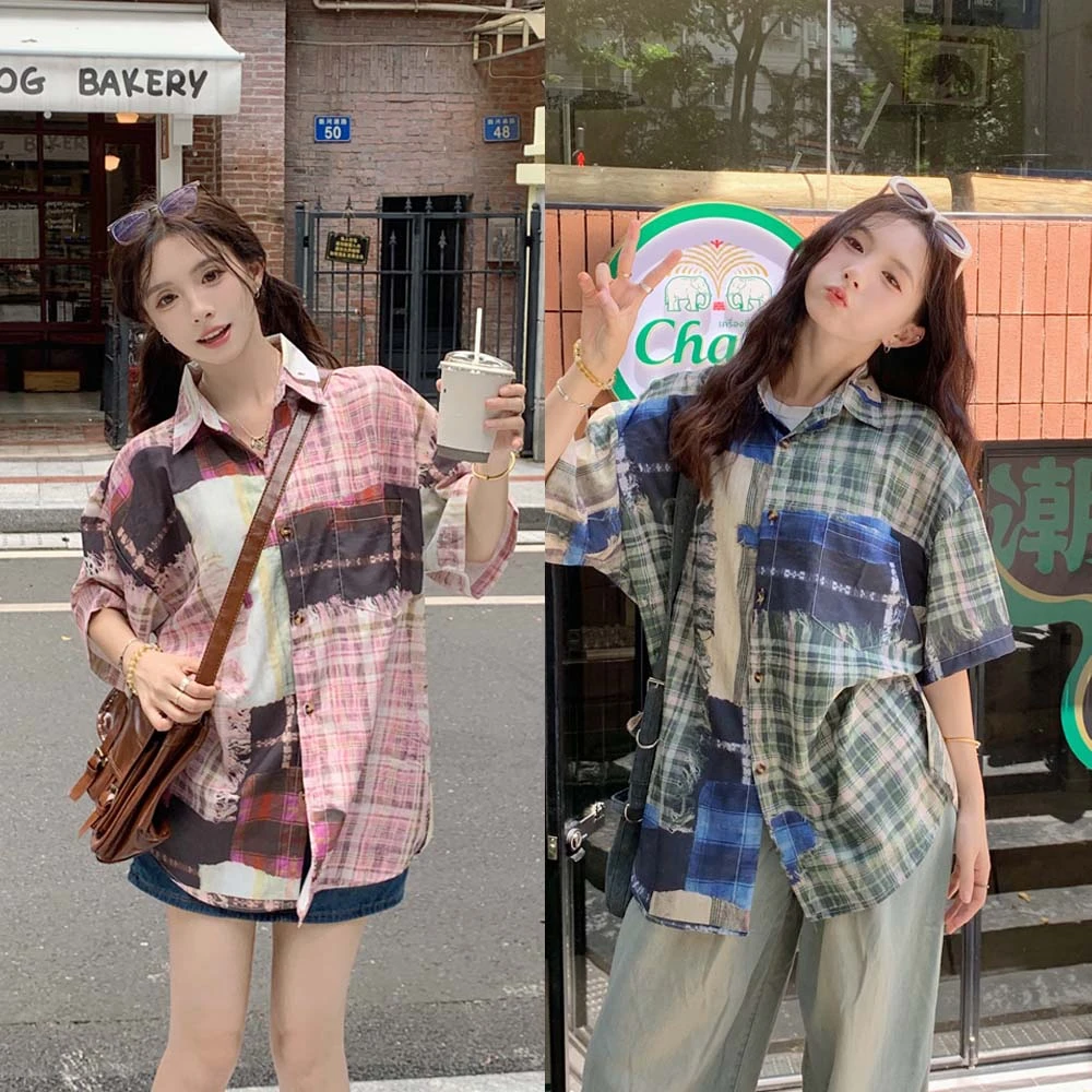 国潮设计感小众短袖衬衫女夏季新款宽松情侣翻领衬衣个性印花上衣