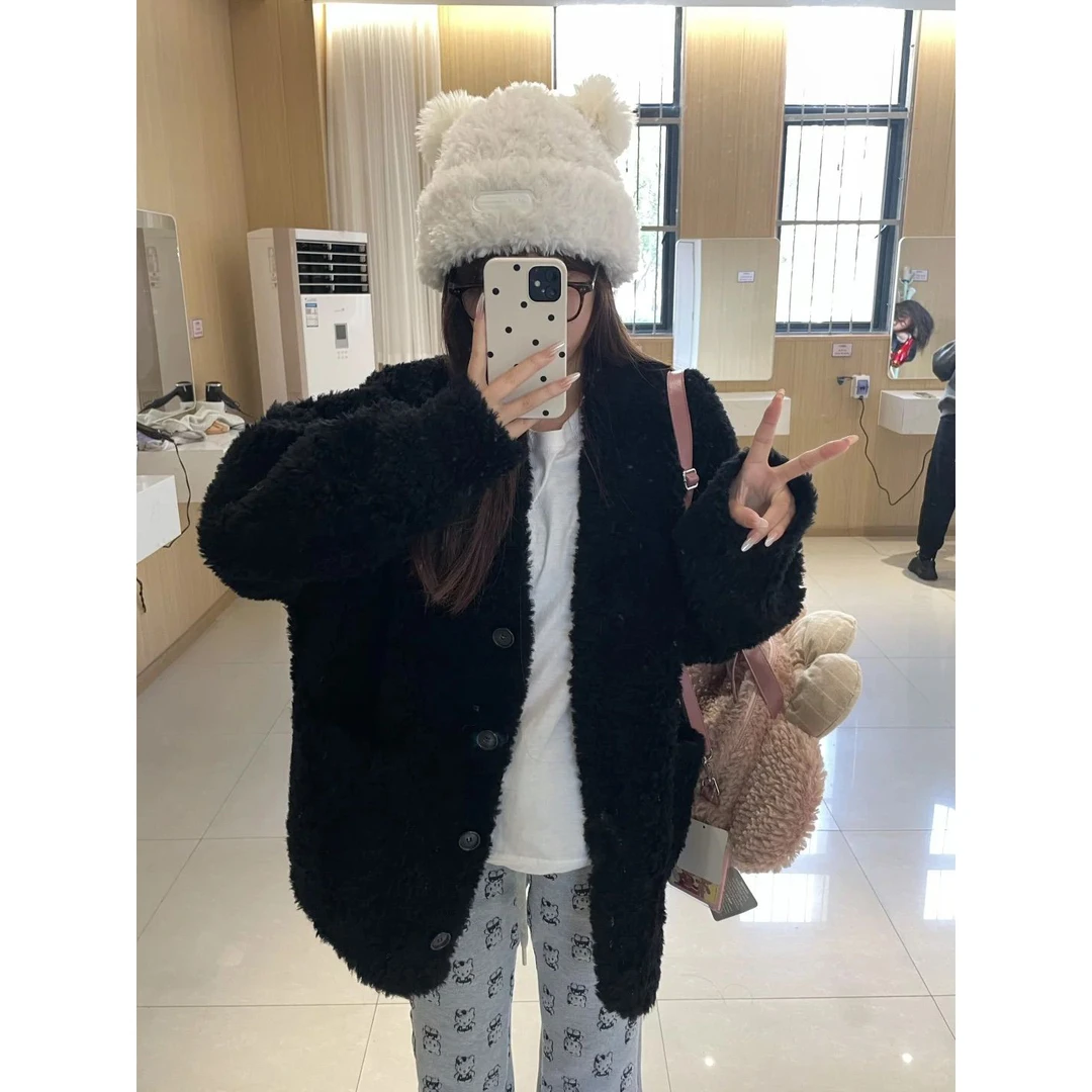 黑色羊羔绒外套女2024秋冬新款韩系高级感休闲百搭加厚毛毛棉衣潮