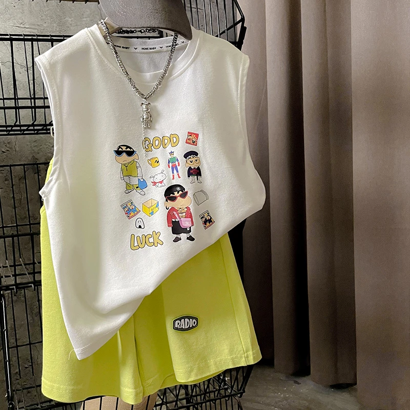 夏季运动潮流男童小新时尚无袖中大童套装款百搭个性休闲F010