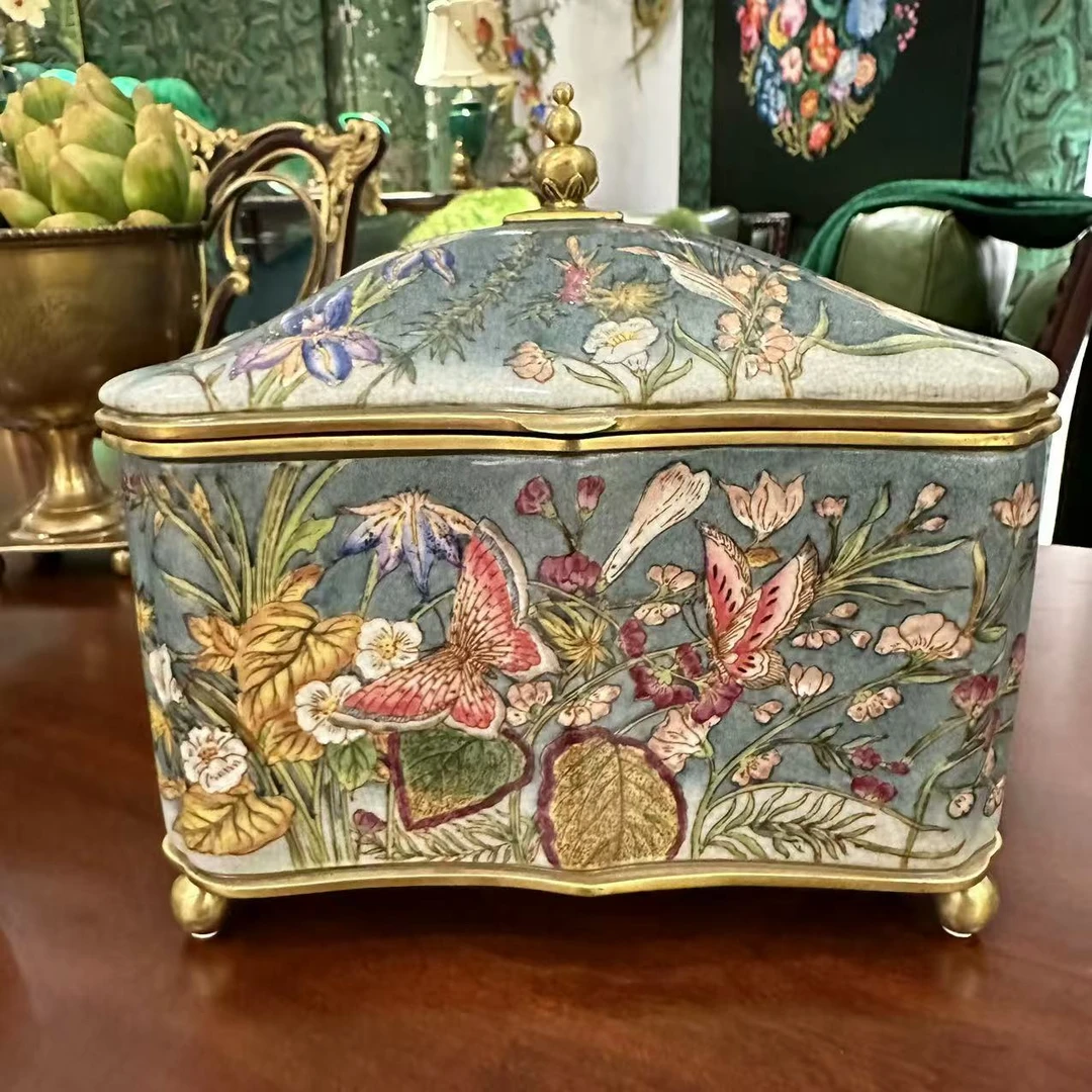 【欧美外单】DG0910古典家居客厅装饰盖盒欧式陶瓷镶铜收纳储物盒