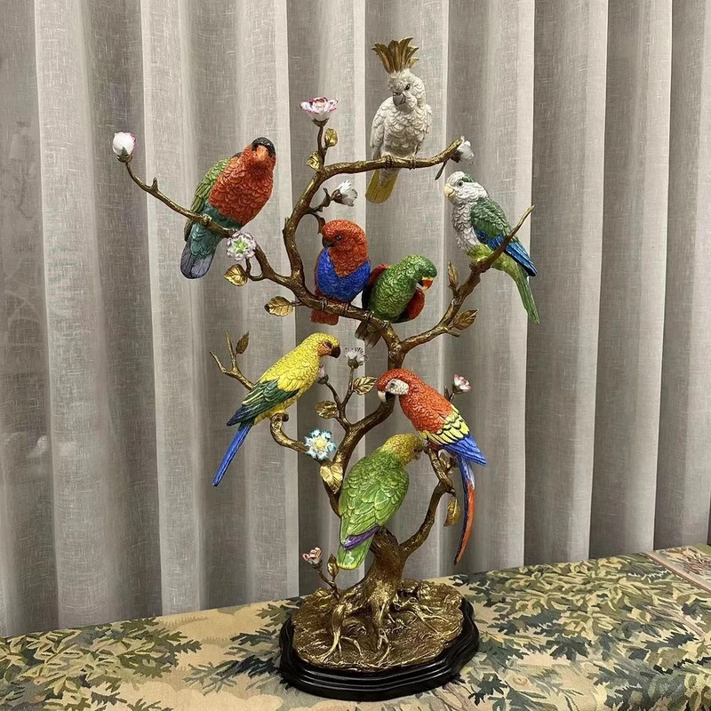 欧式七彩鹦鹉陶瓷配铜摆件高档别墅客厅玄关工艺装饰品DCN83-1673