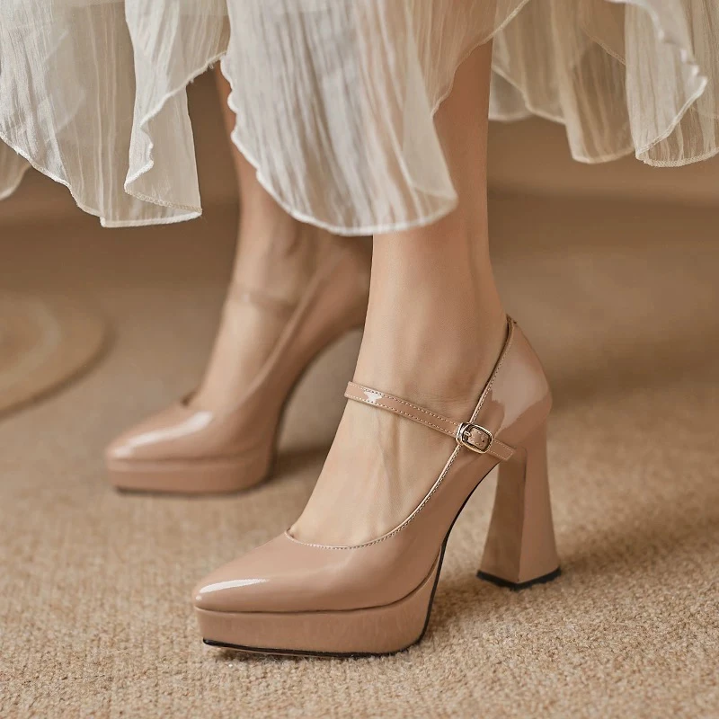 玛丽珍鞋女春秋季新款防水台尖头法式高跟鞋一字扣带浅口单鞋小码