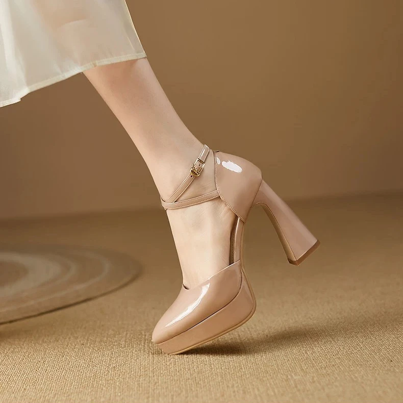 法式仙女风交叉扣带凉鞋女防水台厚底中空超高跟单鞋粗跟性感小码