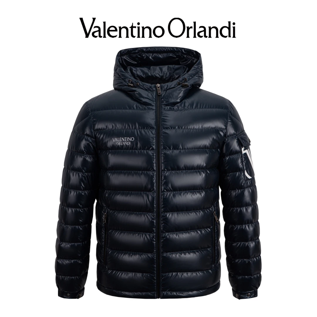 Valentino orlandi男士冬季B版时尚百搭皮质V标口袋连帽羽绒服