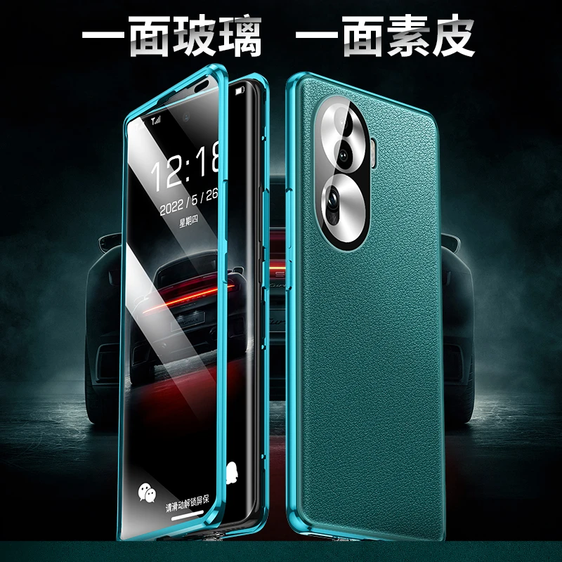 OPPOReno11手机壳防摔PJH110高档素皮11pro防窥玻璃金属万磁王潮+