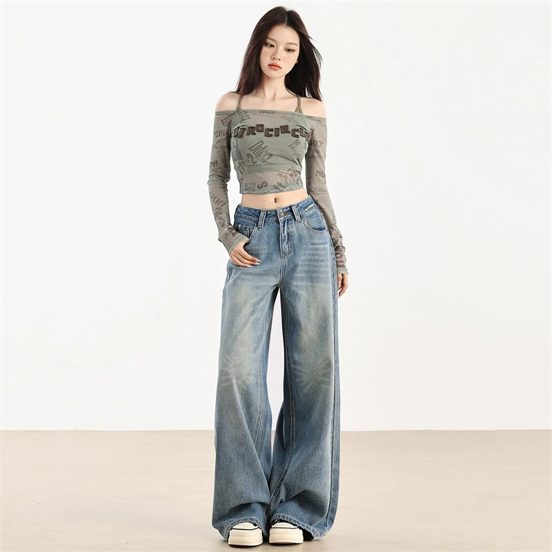 美式辣妹高腰阔腿牛仔裤2025春季新款工艺洗水设计宽松拖地阔腿裤