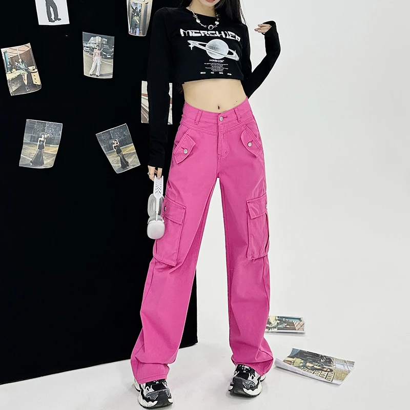 TY23085 美式工装牛仔裤女高腰秋冬季宽松显瘦辣妹粉色阔腿裤子