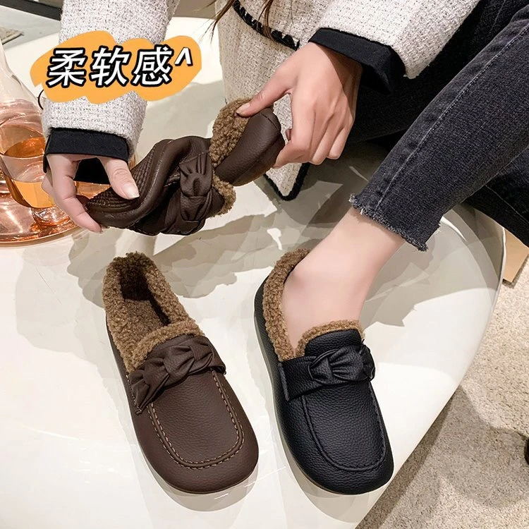 【龙姐专属】羊羔绒秋冬软底舒适妈妈鞋平底小皮鞋保暖冬季豆豆鞋