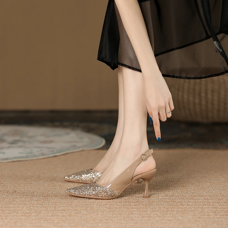 HJ2025款尖头高跟鞋粉钻时尚经典设计感小众气质温柔细跟包头凉鞋