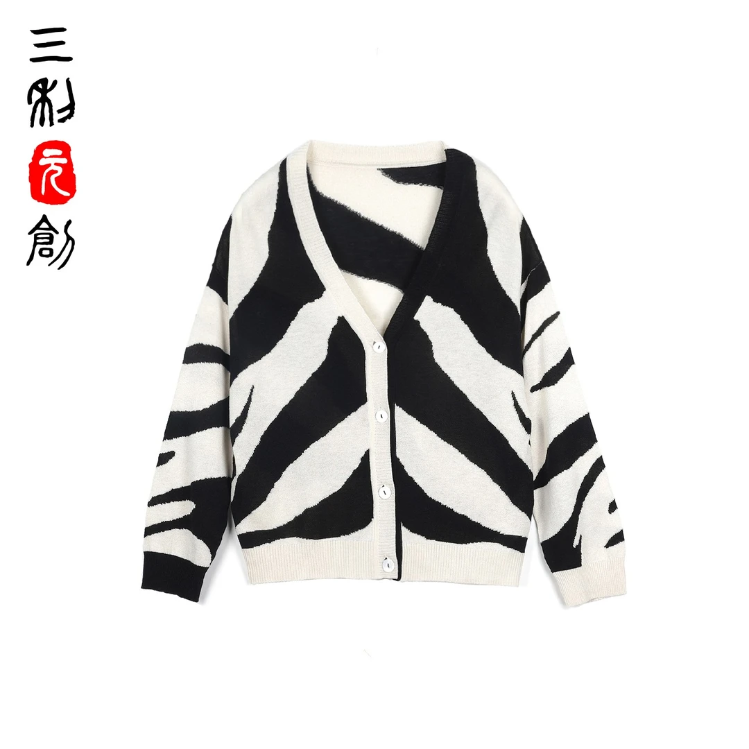 三利元创桑蚕丝羊绒 黑白V领开衫4039小香风时尚休闲圆领撞色条纹