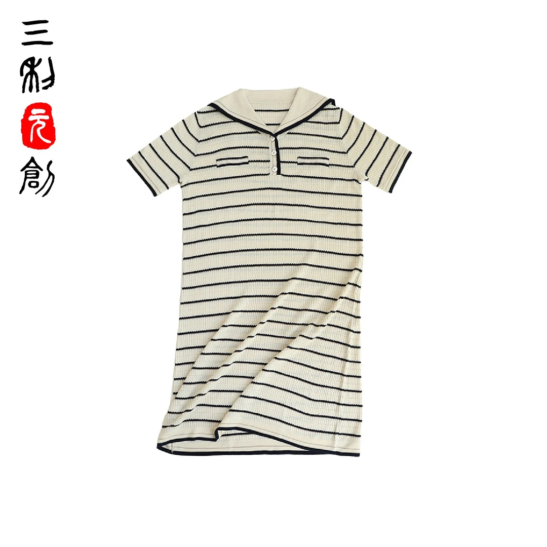 三利元创（Q）春夏舒适透气精纺蚕丝羊绒海魂衫翻领条纹连衣裙4157